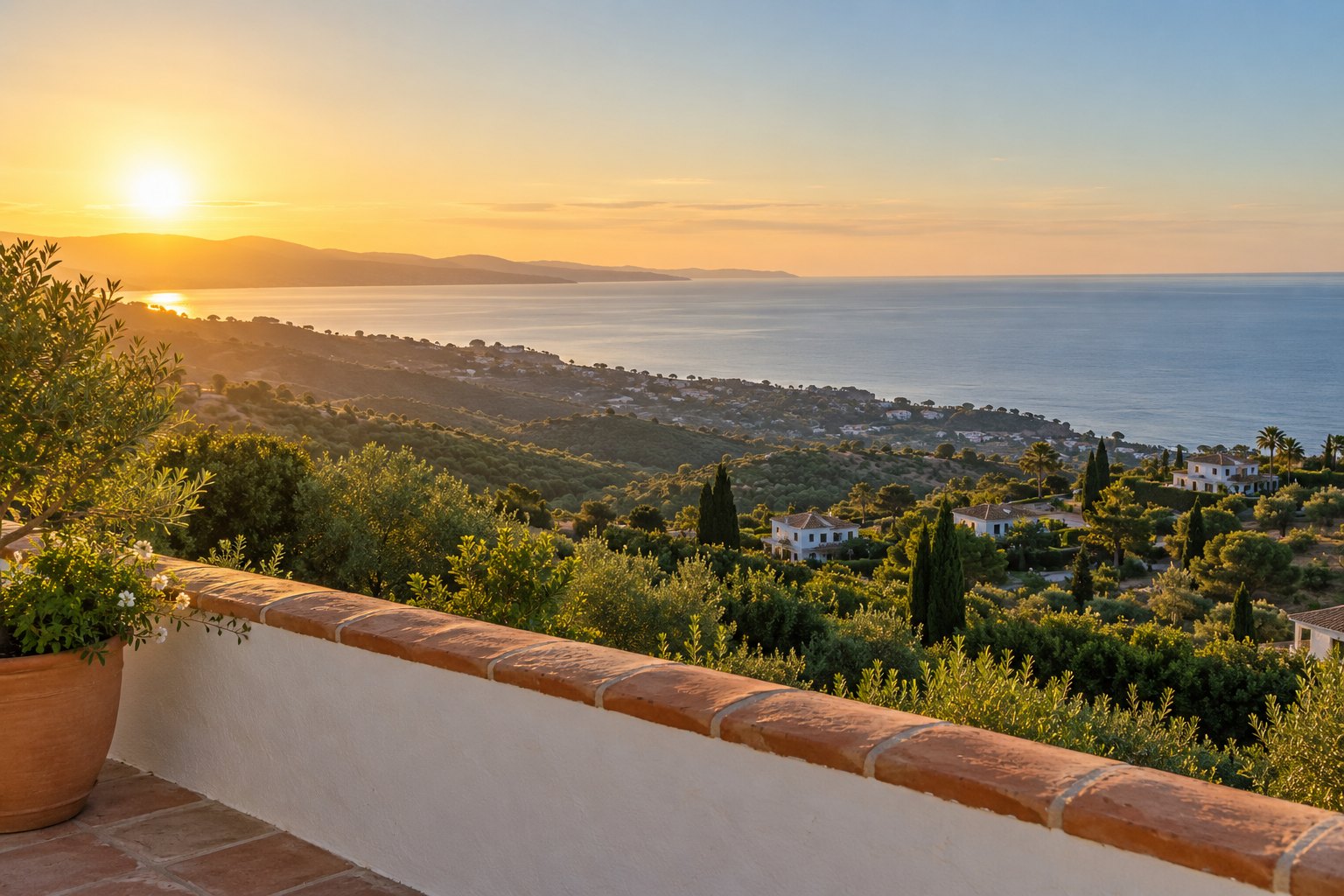 Western Costa del Sol at golden hour, view from the hills above Estepona