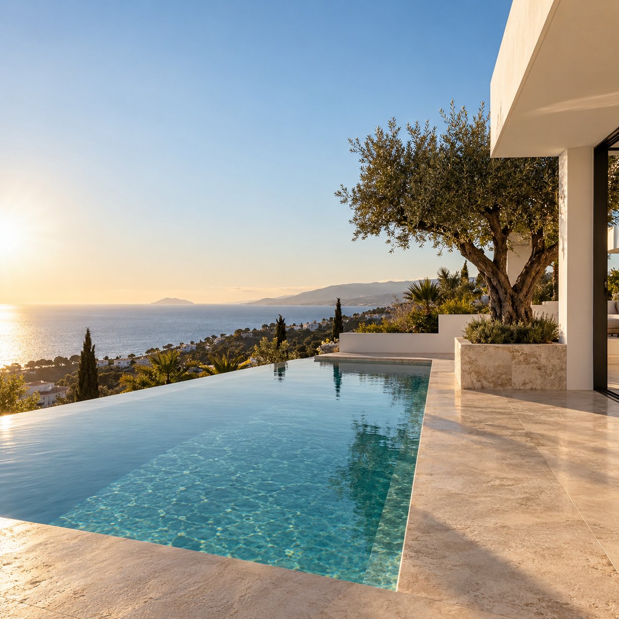 Villa terrace with infinity pool and sea view, property care on the Costa del Sol